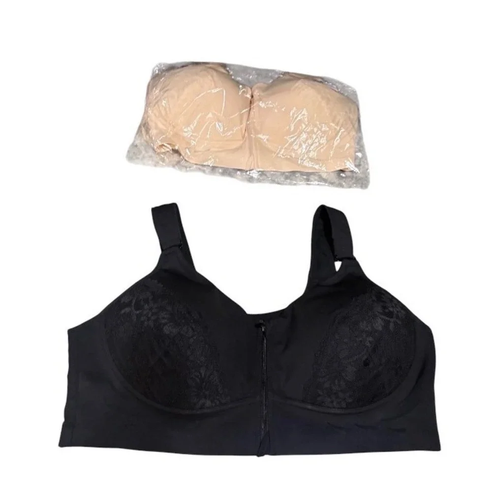 CurvyLace Front Zip Wireless Bra Women 2XL Black Beige NEW Lifting Straps 2-Pack
